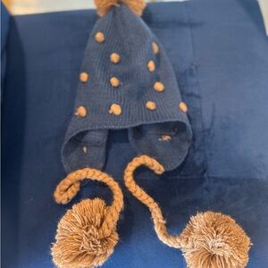 BCBG Blue and Brown Knit Hat with Pom-Poms